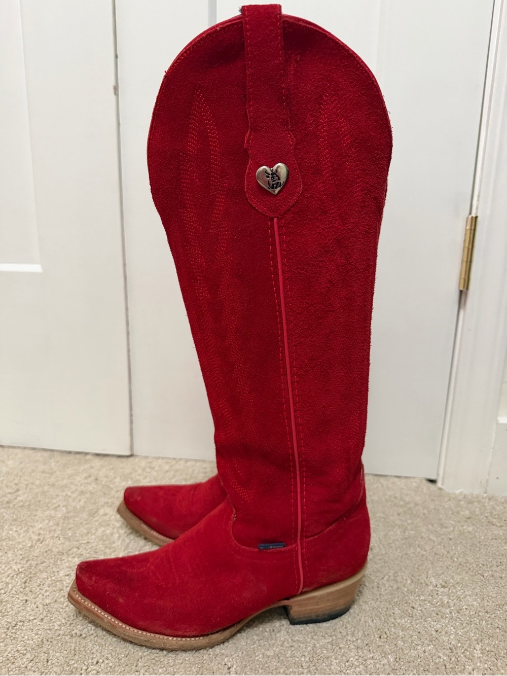 Red Suede Over-the-Knee Western Boots with Heart Accent - Picture 3 of 6